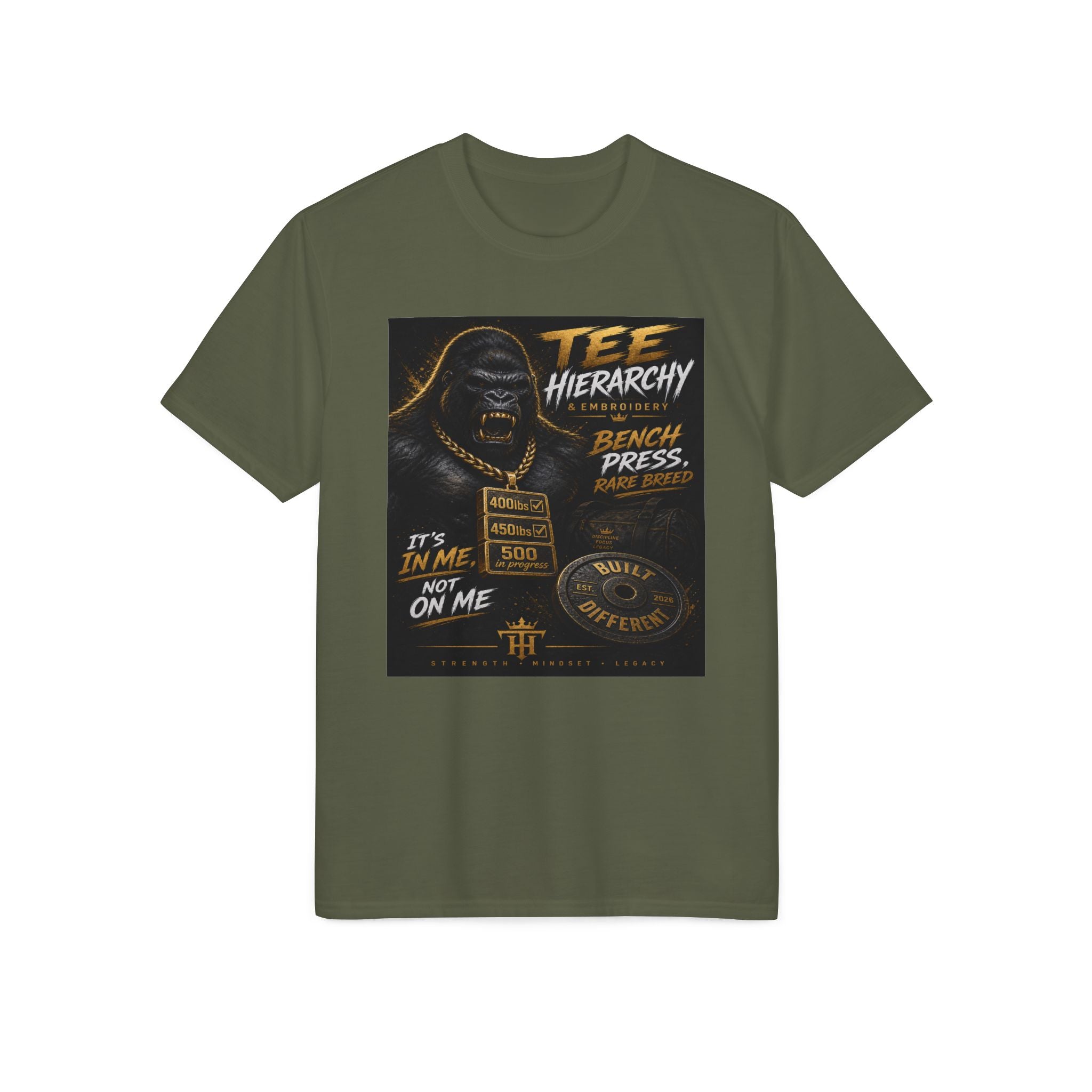 Gym Gorilla Bench Press T-Shirt — Tee Hierarchy Motivational Workout Shirt