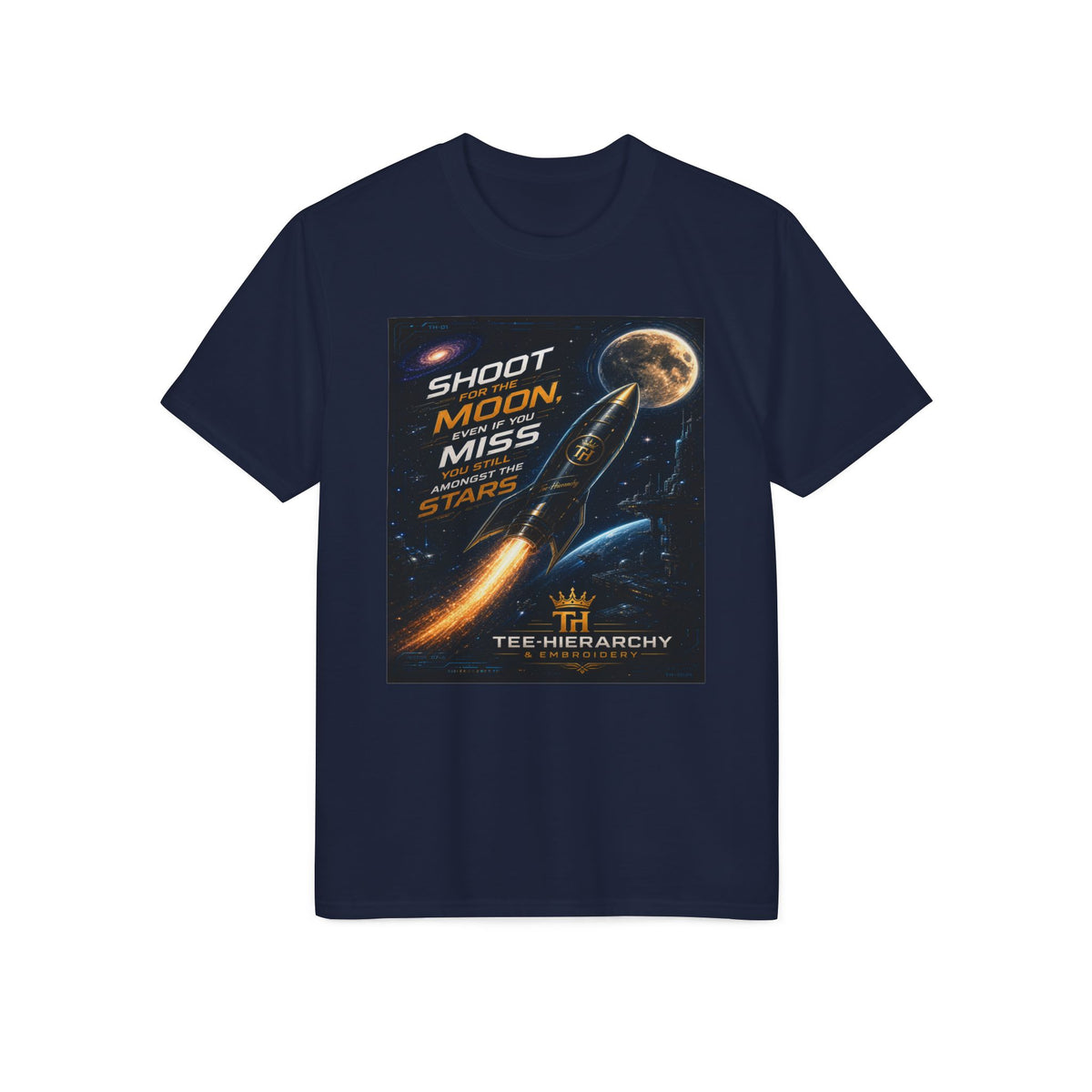 Shoot for the Moon Graphic T-Shirt — Retro Space Rocket Motivational Tee