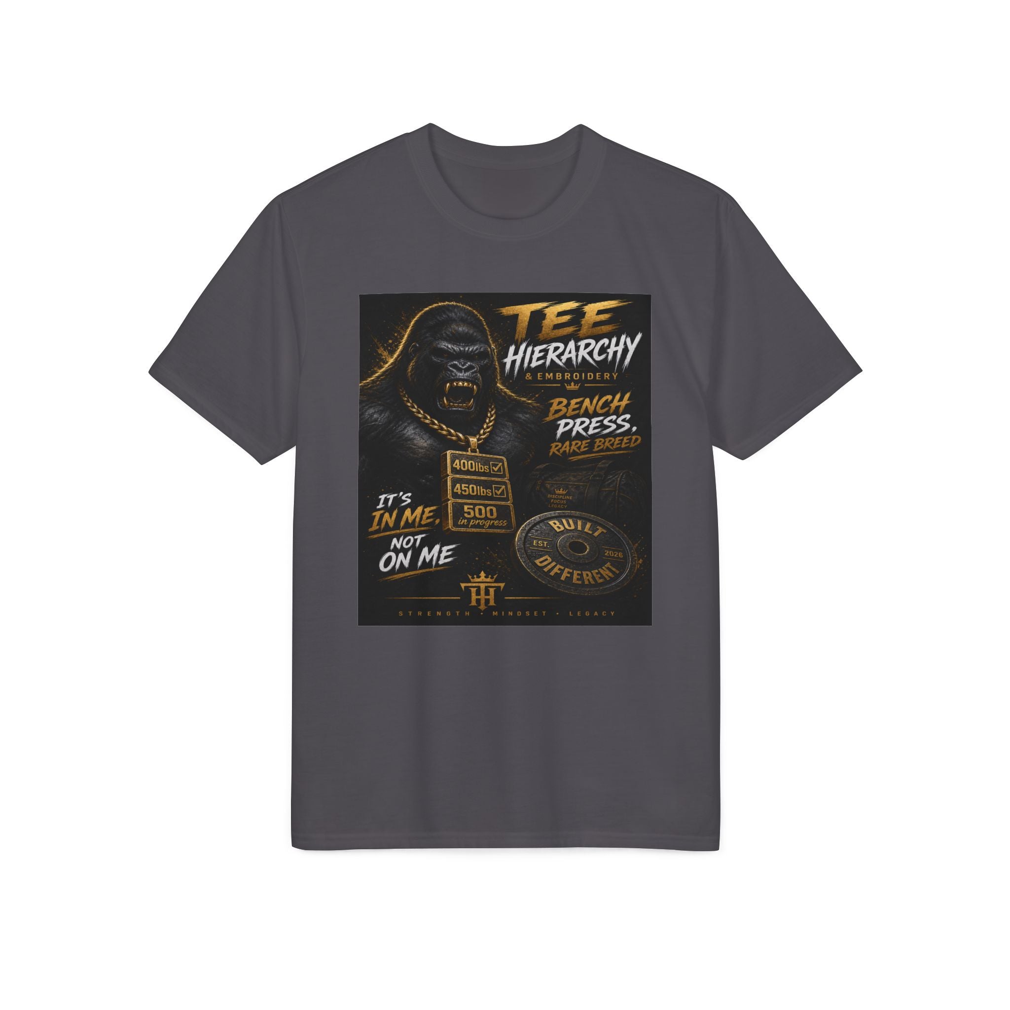 Gym Gorilla Bench Press T-Shirt — Tee Hierarchy Motivational Workout Shirt