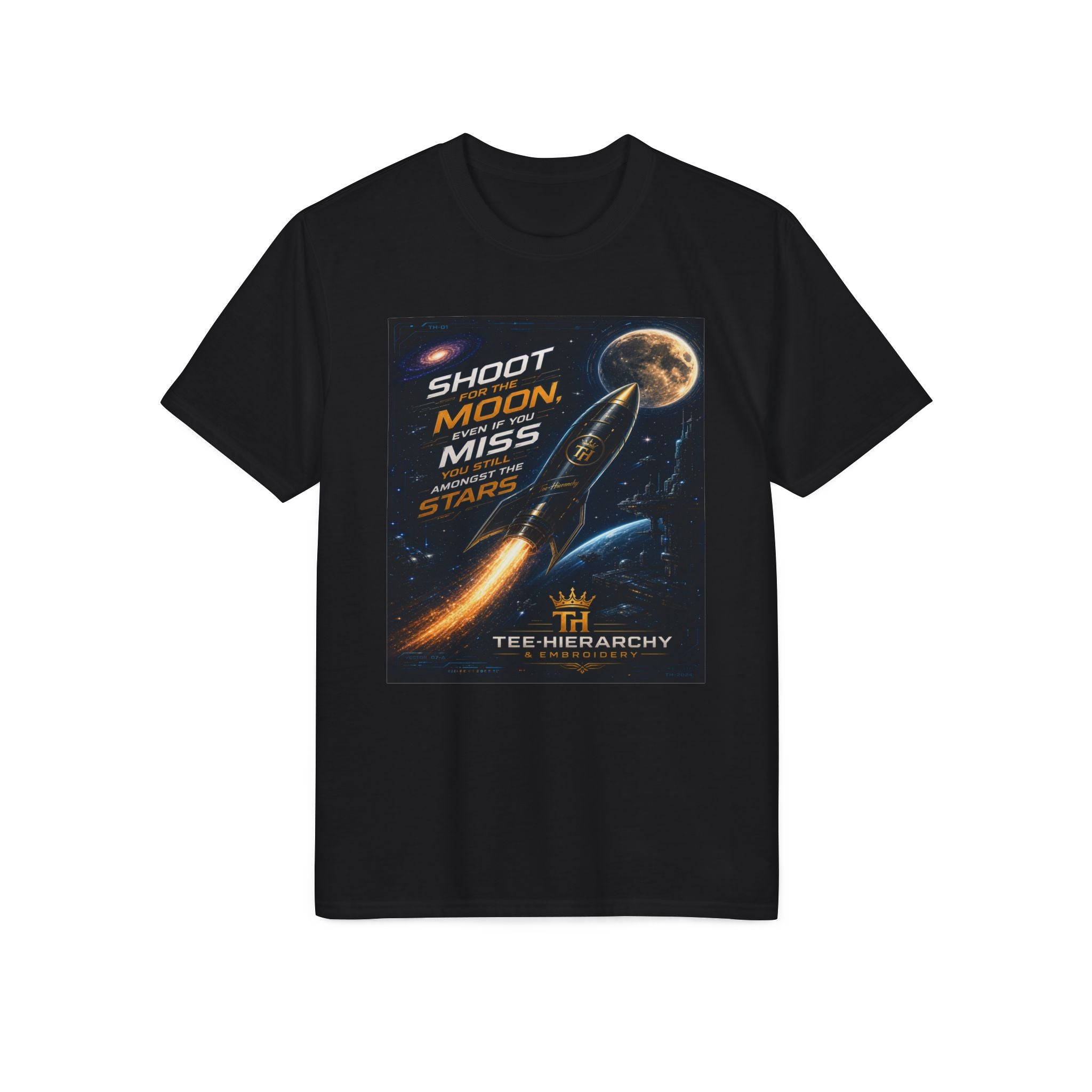 Shoot for the Moon Graphic T-Shirt — Retro Space Rocket Motivational Tee