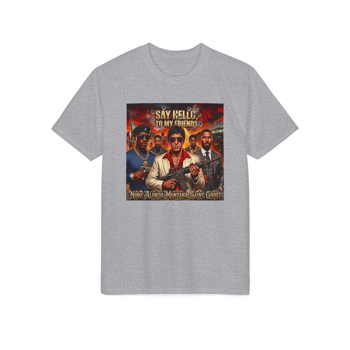 Graphic T-Shirt — "Say Hello to My Friends" Retro Action Movie Poster Tee