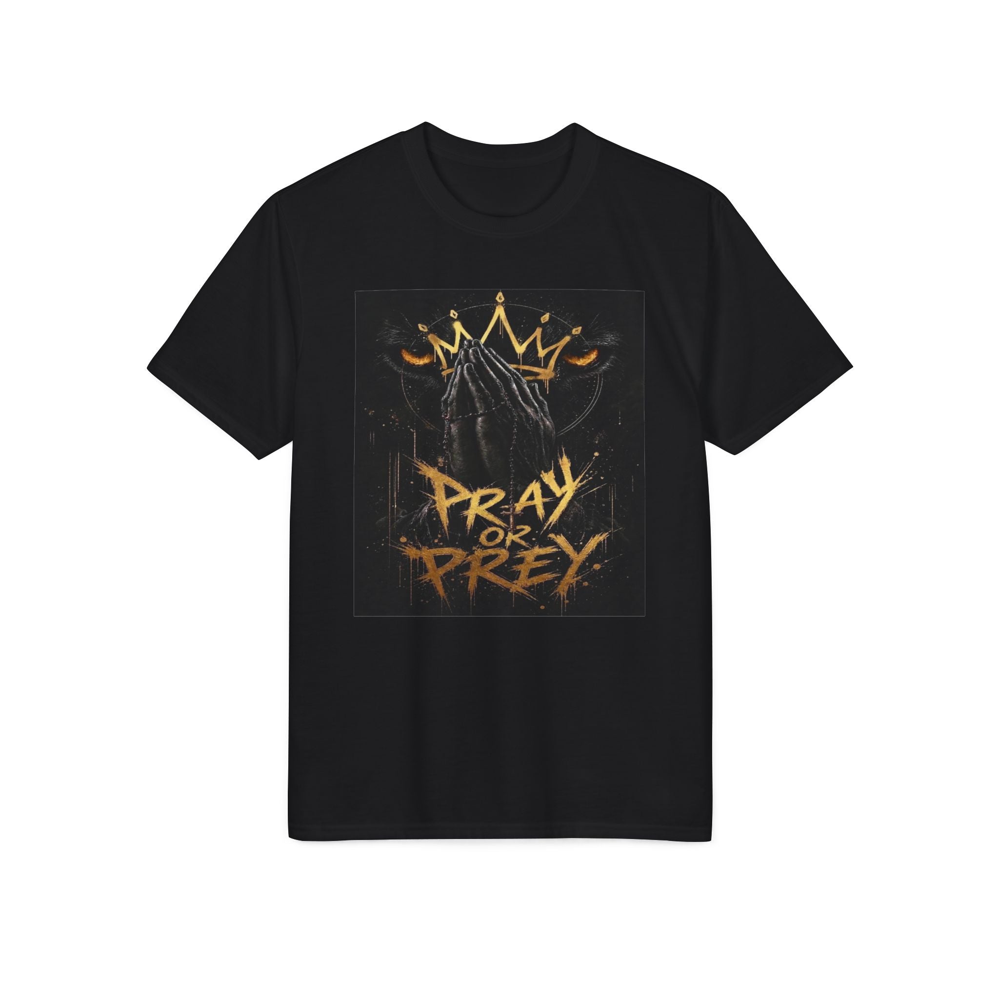 Pray or Prey Graphic T-Shirt — Urban Streetwear with Crown & Hooded Figure