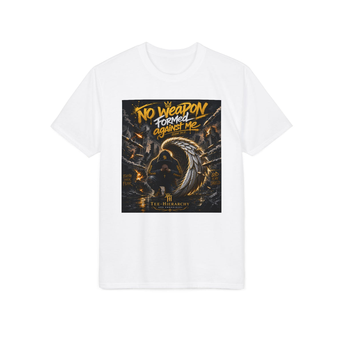 T-Shirt — "No Weapon Formed Against Me" Christian Faith Graphic Tee