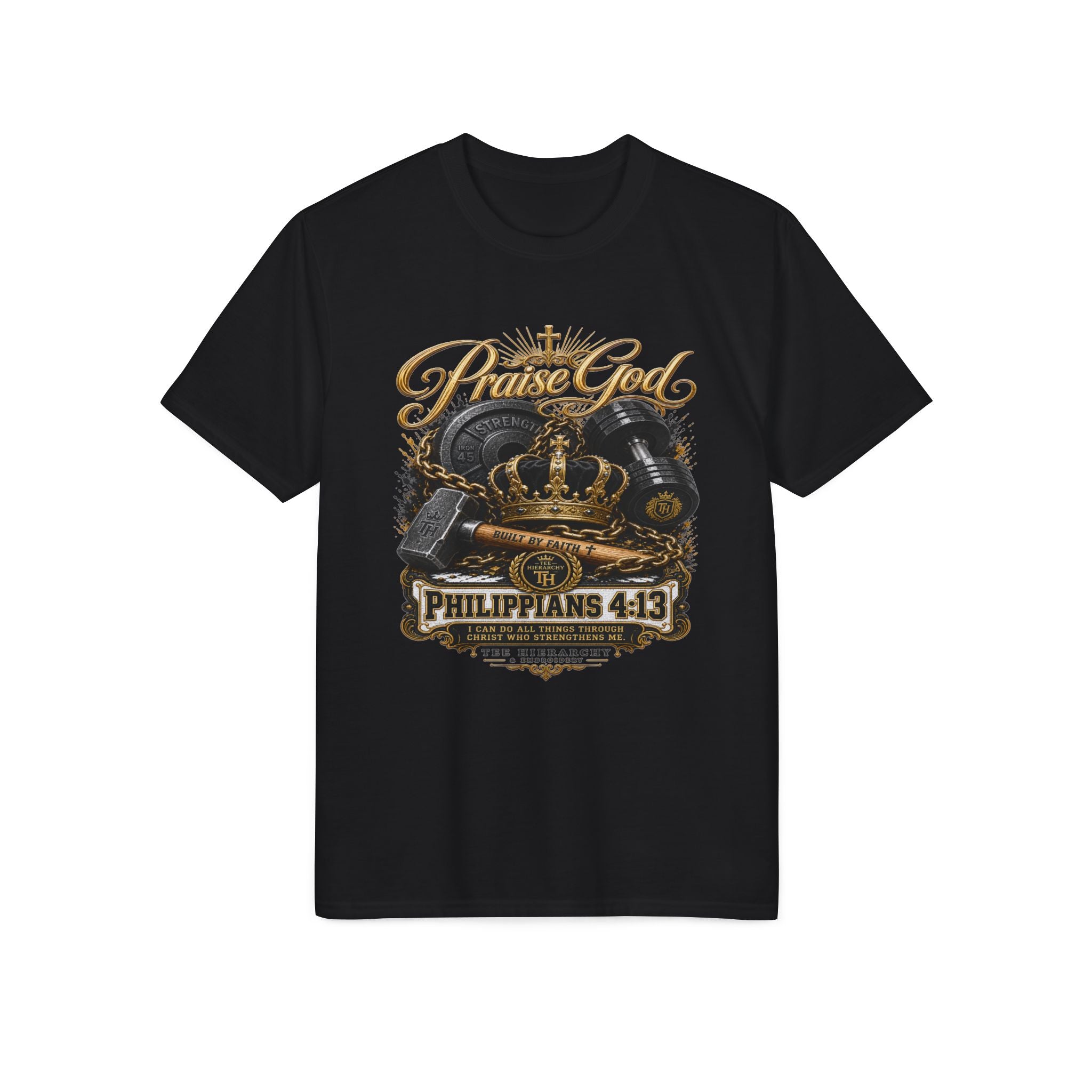 Praise God Philippians 4:13 T-Shirt — Christian Faith Crown Design