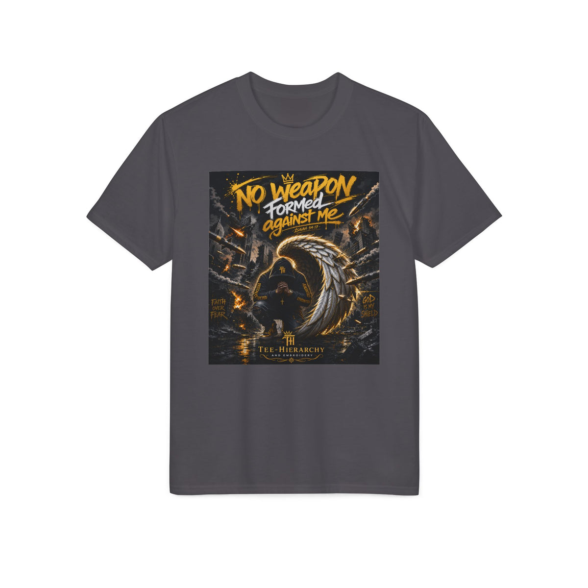T-Shirt — "No Weapon Formed Against Me" Christian Faith Graphic Tee