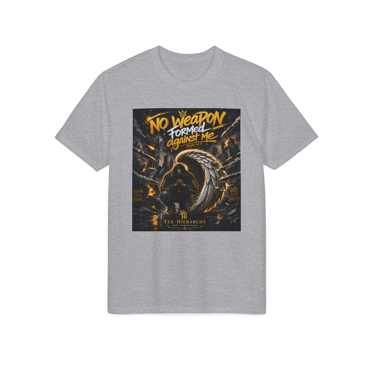T-Shirt — "No Weapon Formed Against Me" Christian Faith Graphic Tee