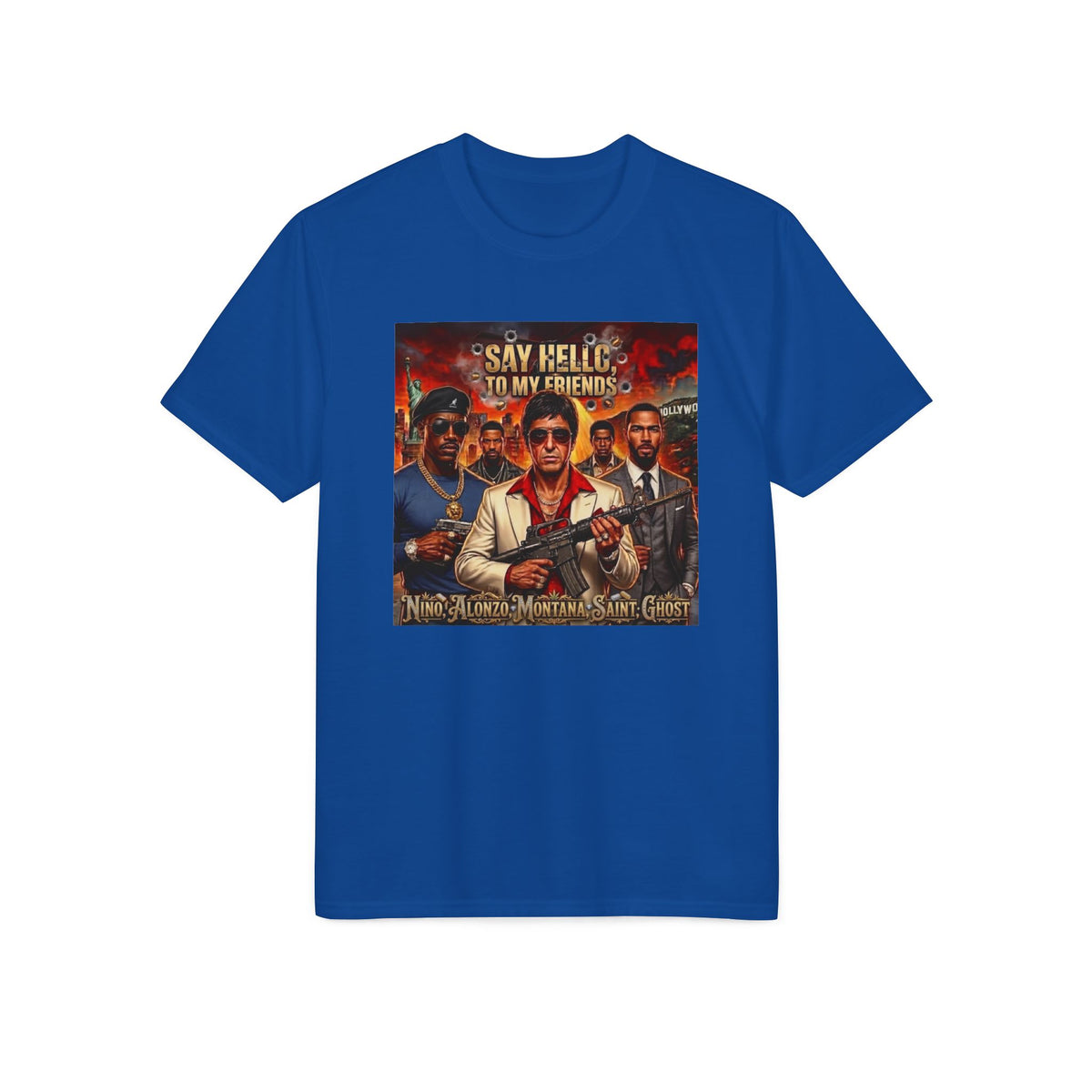 Graphic T-Shirt — "Say Hello to My Friends" Retro Action Movie Poster Tee