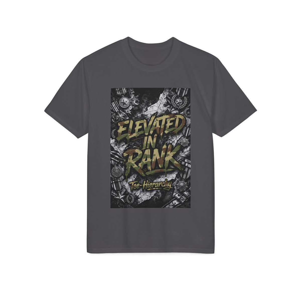 Elite Ranked Rock Tee — "Elevated Rank" Gold Emblem Performance T-Shirt