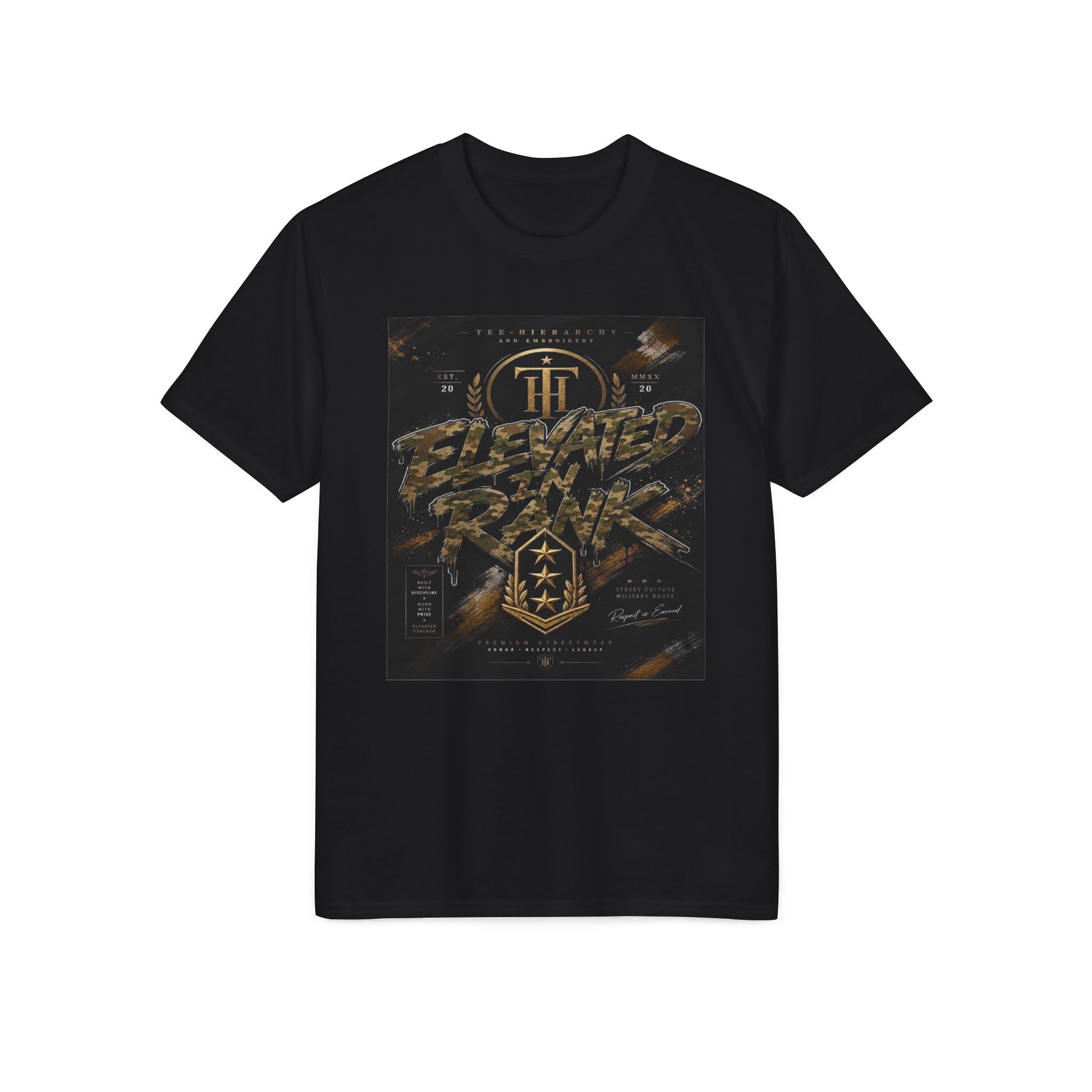 Elite Ranked Rock Tee — "Elevated Rank" Gold Emblem Performance T-Shirt
