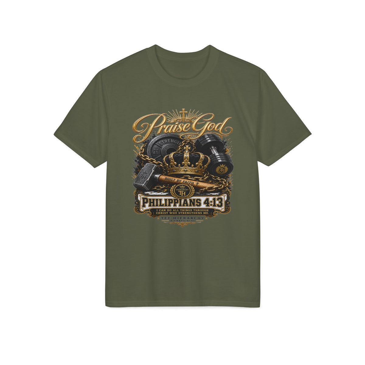 Praise God Philippians 4:13 T-Shirt — Christian Faith Crown Design