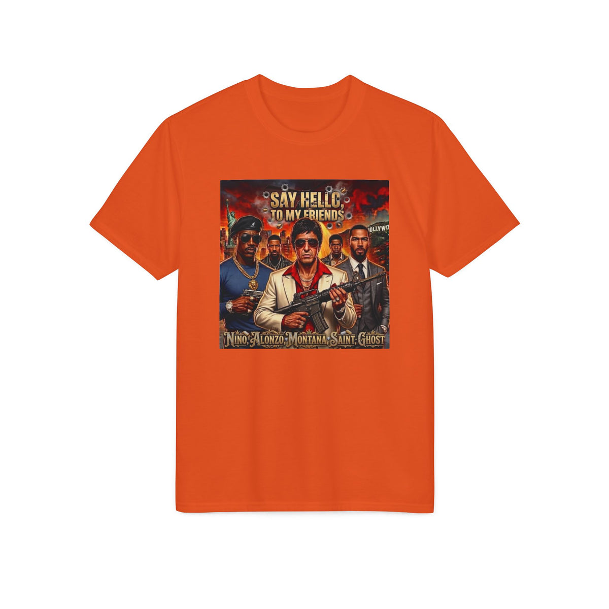 Graphic T-Shirt — "Say Hello to My Friends" Retro Action Movie Poster Tee