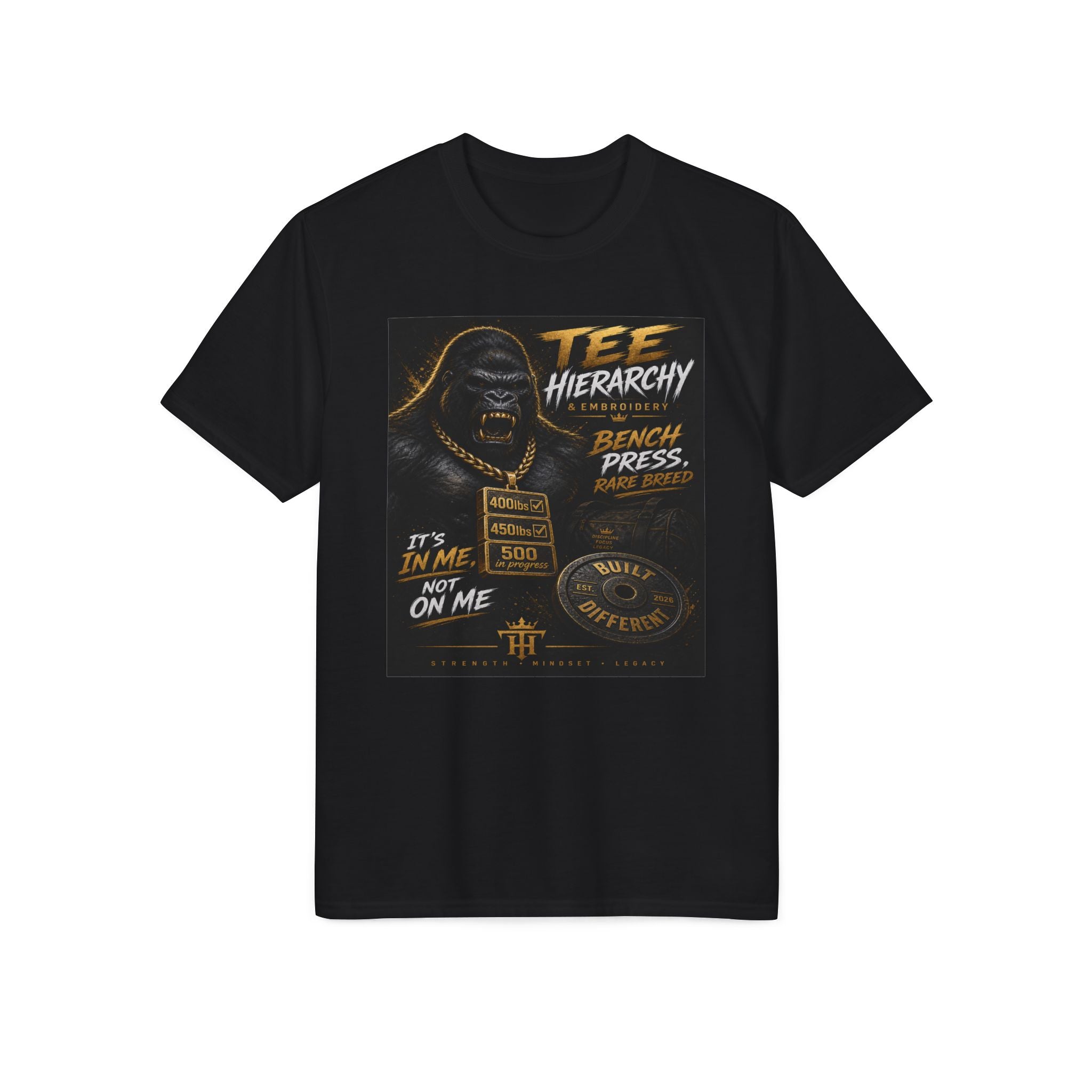 Gym Gorilla Bench Press T-Shirt — Tee Hierarchy Motivational Workout Shirt