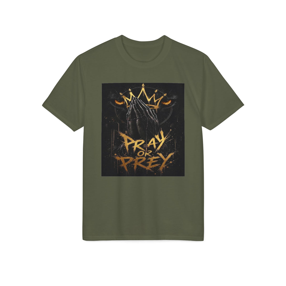 Pray or Prey Graphic T-Shirt — Urban Streetwear with Crown & Hooded Figure