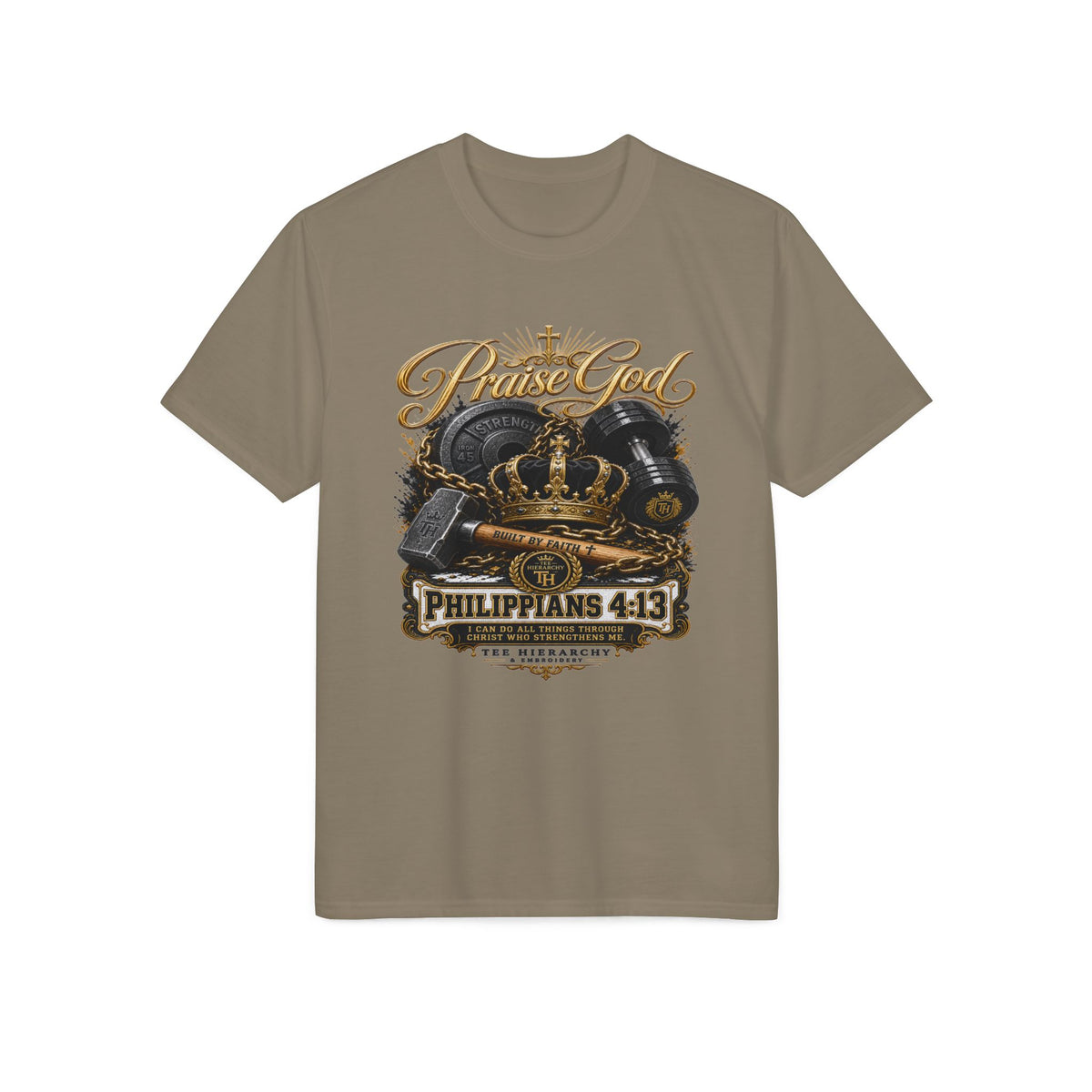 Praise God Philippians 4:13 T-Shirt — Christian Faith Crown Design