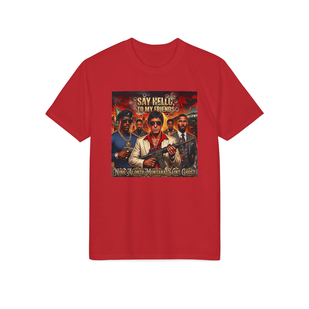 Graphic T-Shirt — "Say Hello to My Friends" Retro Action Movie Poster Tee
