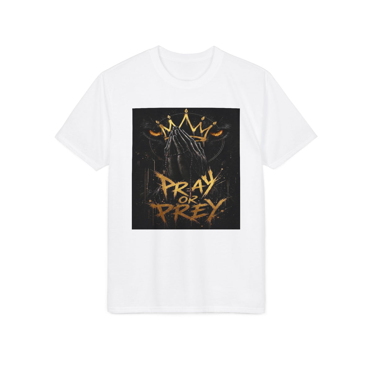 Pray or Prey Graphic T-Shirt — Urban Streetwear with Crown & Hooded Figure