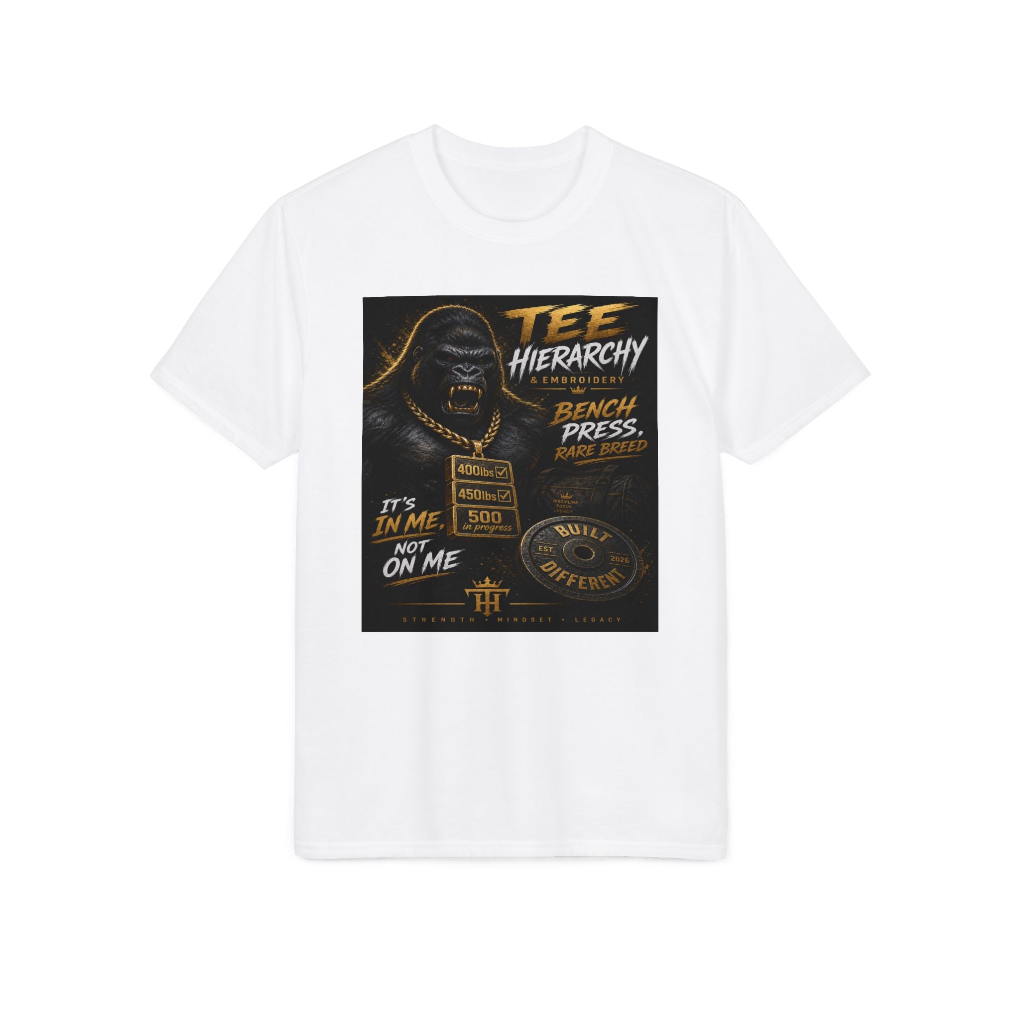 Gym Gorilla Bench Press T-Shirt — Tee Hierarchy Motivational Workout Shirt