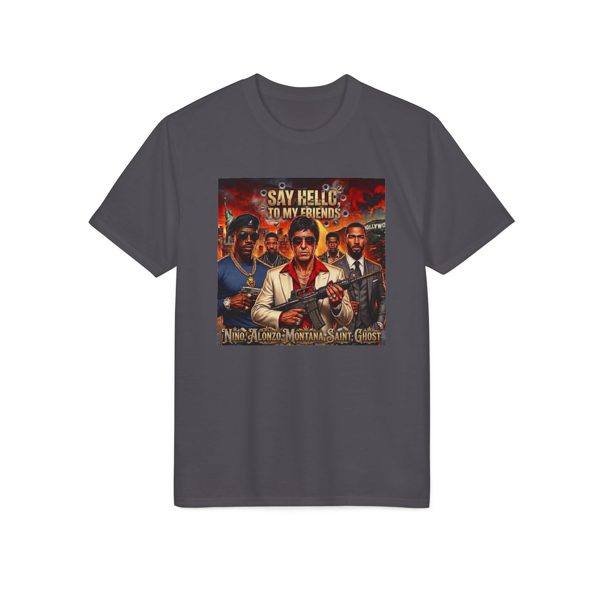 Graphic T-Shirt — "Say Hello to My Friends" Retro Action Movie Poster Tee