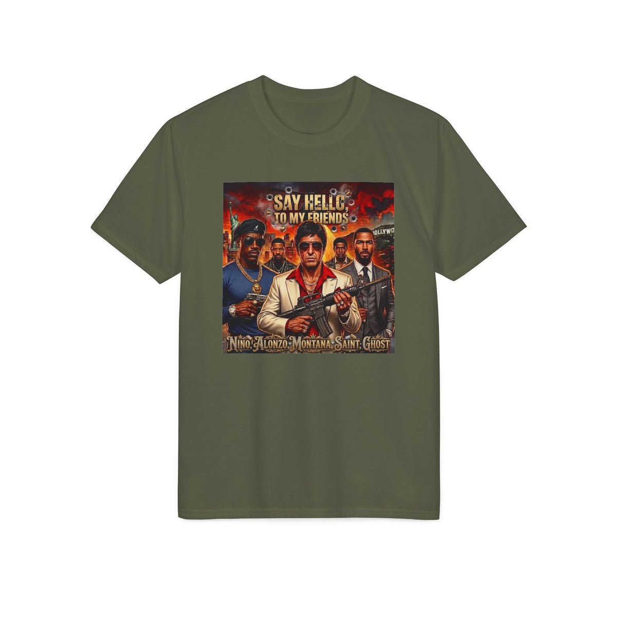 Graphic T-Shirt — "Say Hello to My Friends" Retro Action Movie Poster Tee