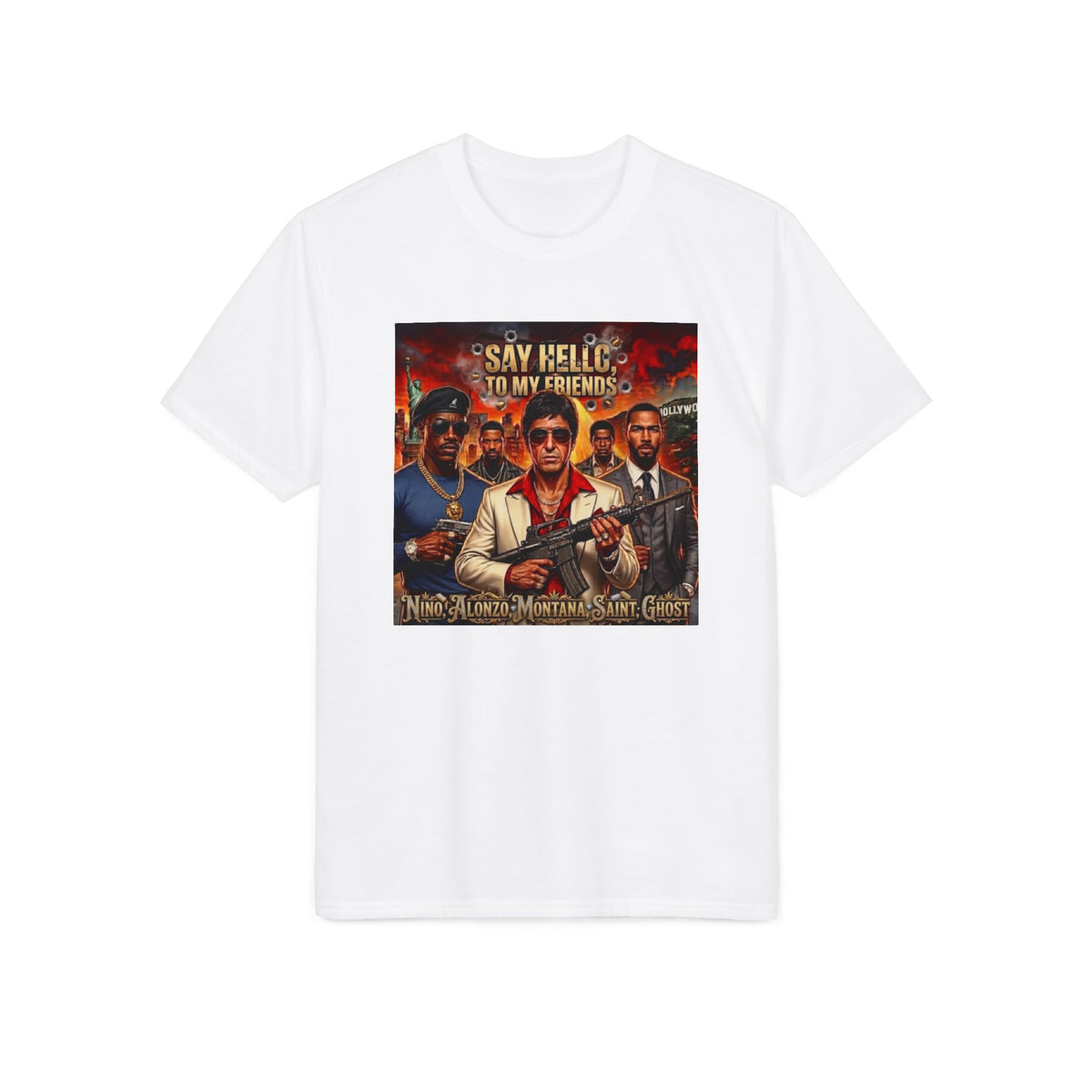 Graphic T-Shirt — "Say Hello to My Friends" Retro Action Movie Poster Tee