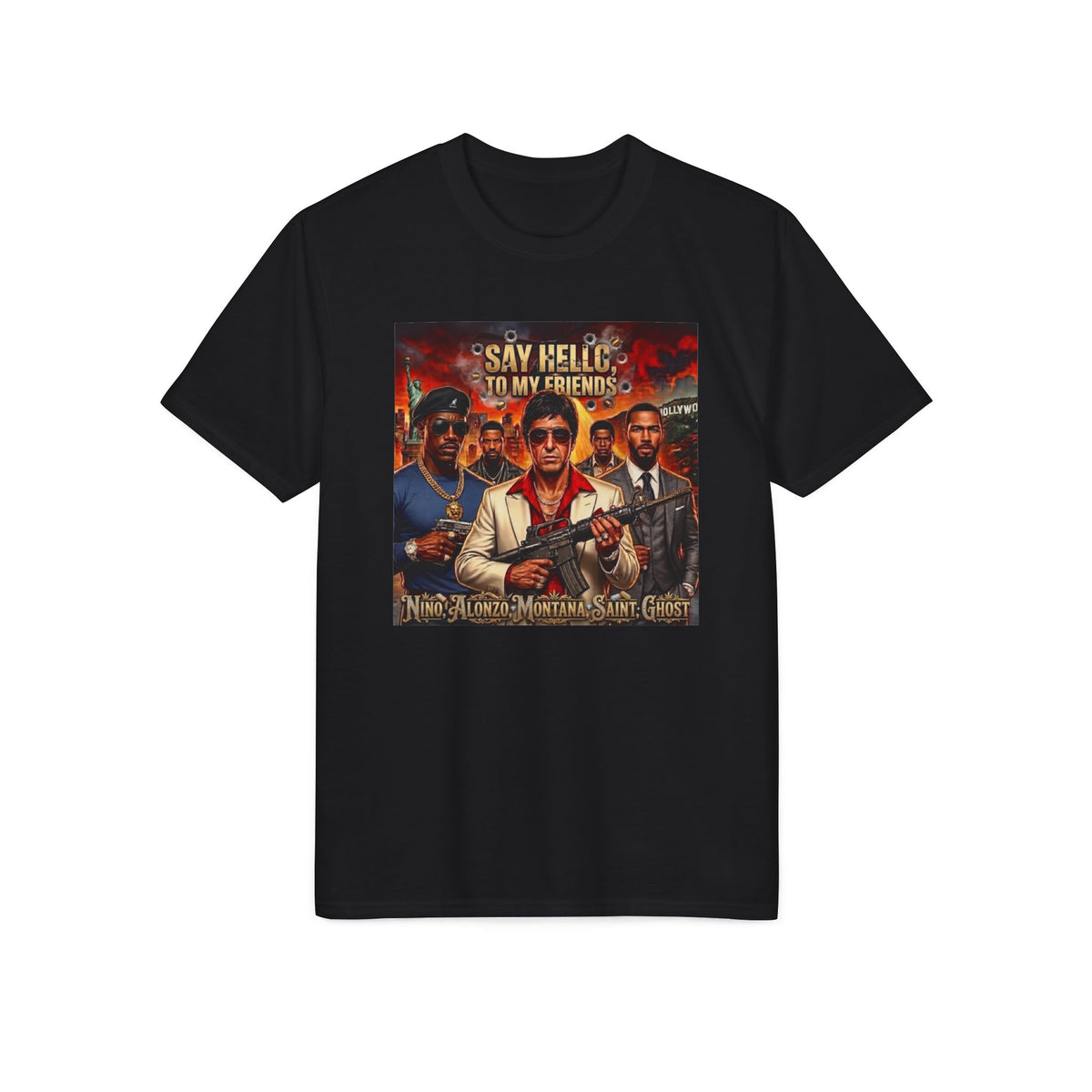 Graphic T-Shirt — "Say Hello to My Friends" Retro Action Movie Poster Tee
