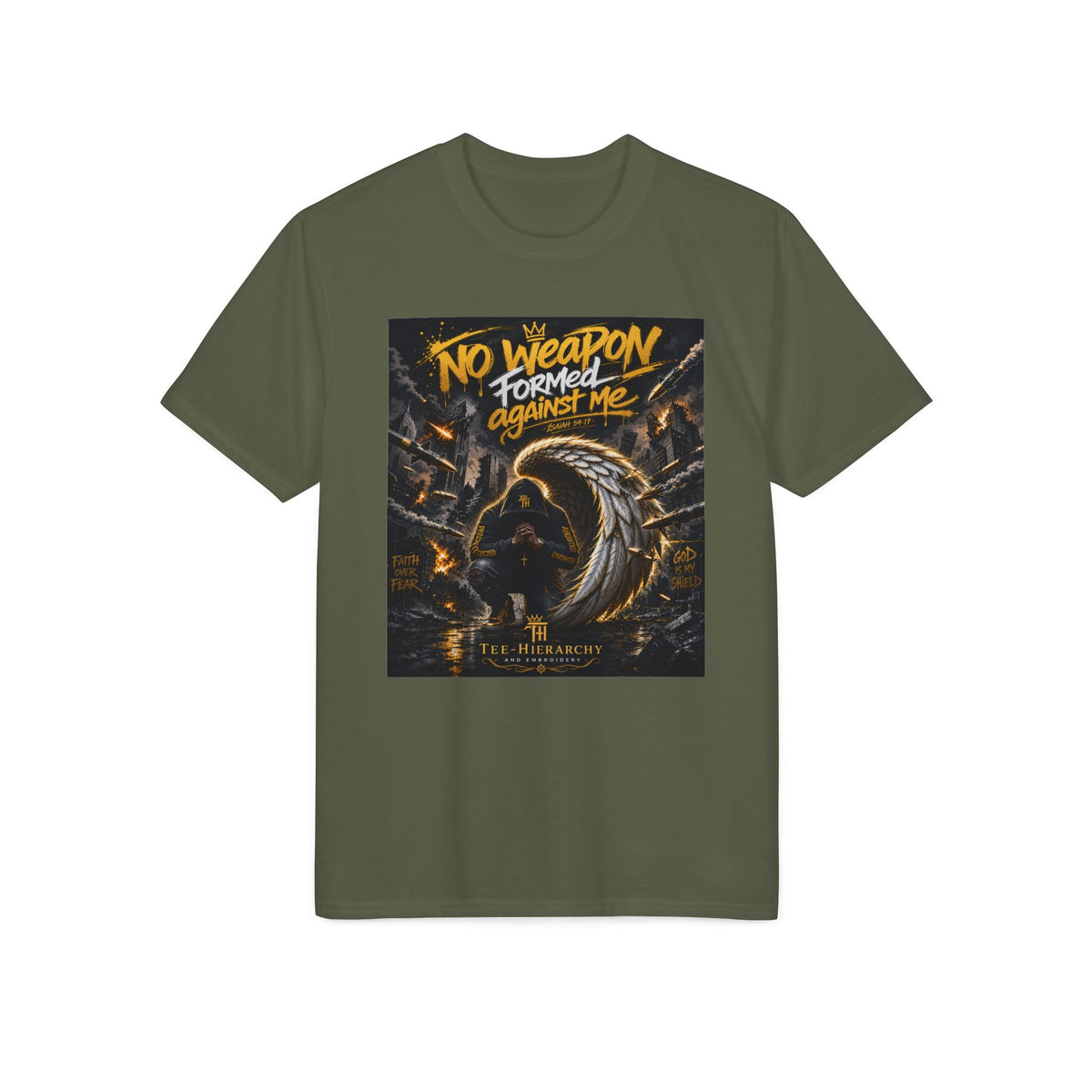 T-Shirt — "No Weapon Formed Against Me" Christian Faith Graphic Tee