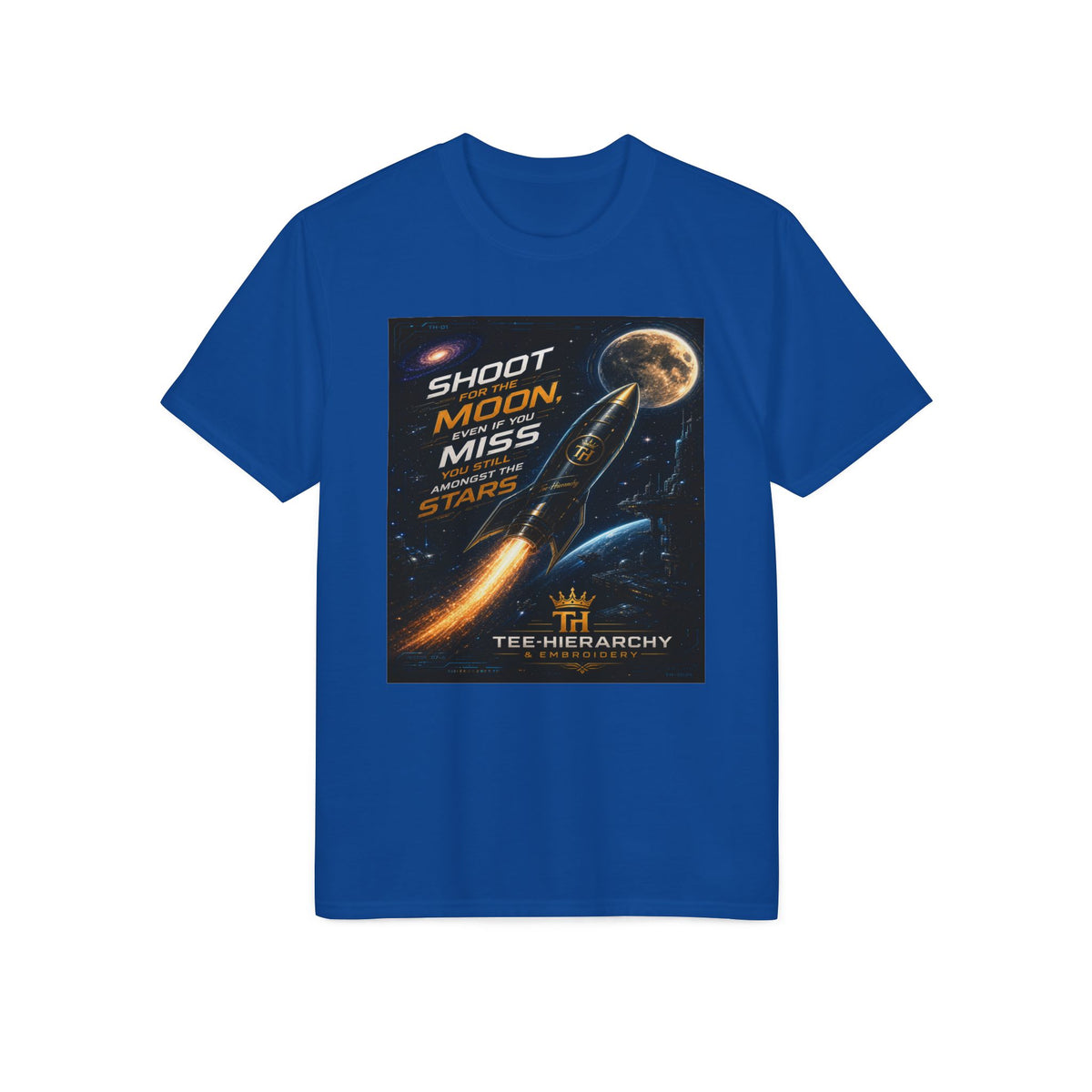 Shoot for the Moon Graphic T-Shirt — Retro Space Rocket Motivational Tee