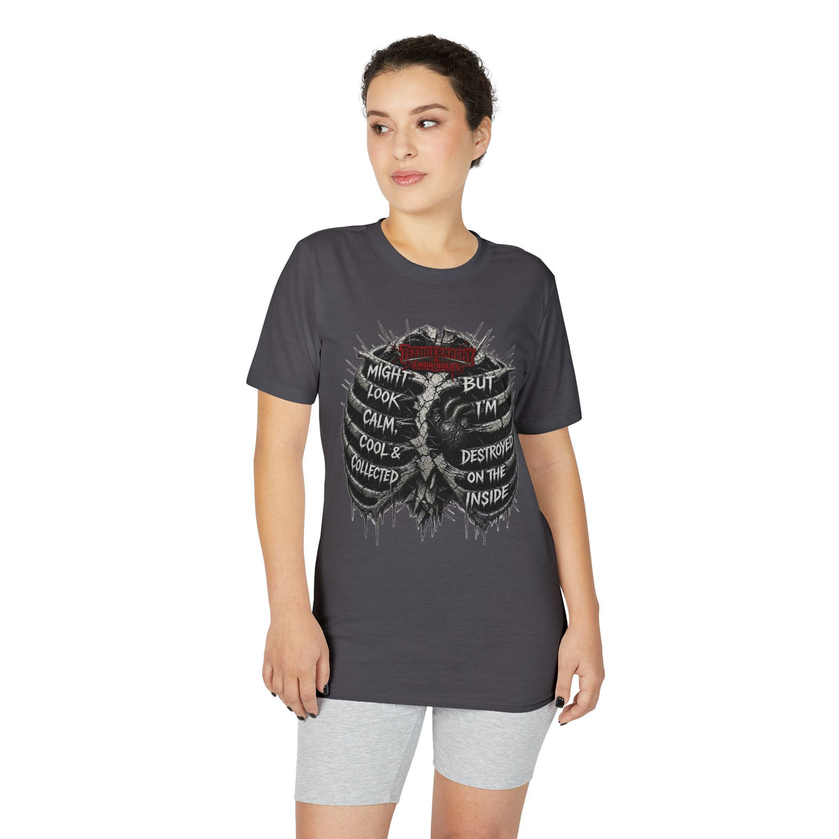 Skull Ribcage Tee — "Might Look Calm but I’m Destroyed Inside" Graphic T-Shirt