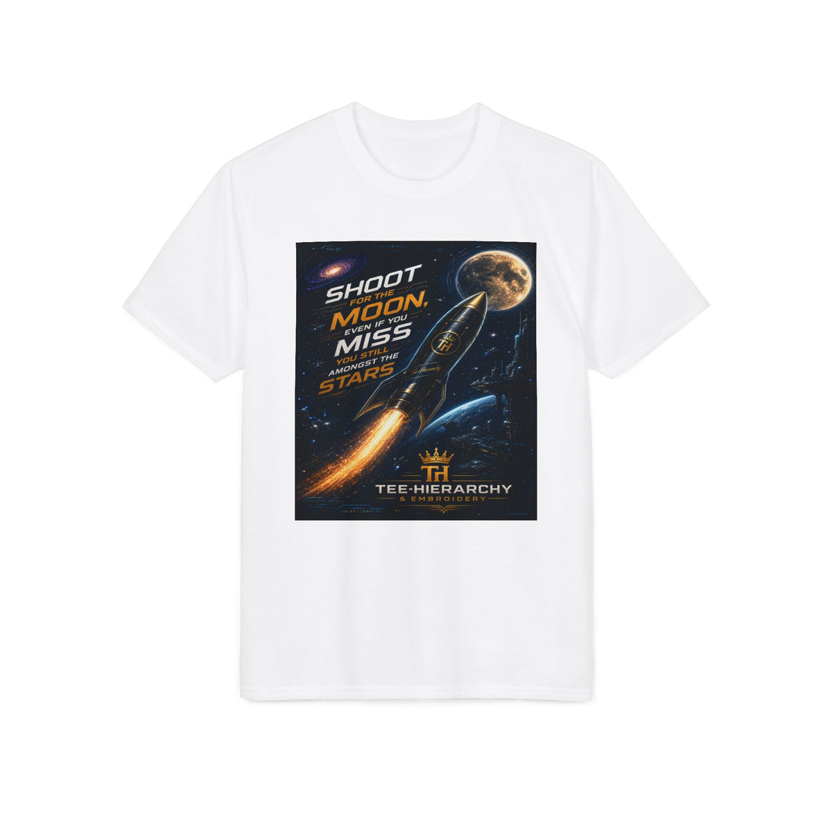 Shoot for the Moon Graphic T-Shirt — Retro Space Rocket Motivational Tee